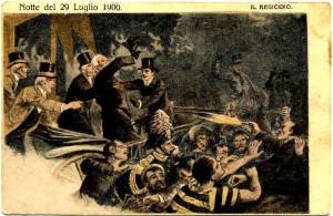 L'assassinio di Re Umberto I rappresentato su una cartolina dell'epoca.